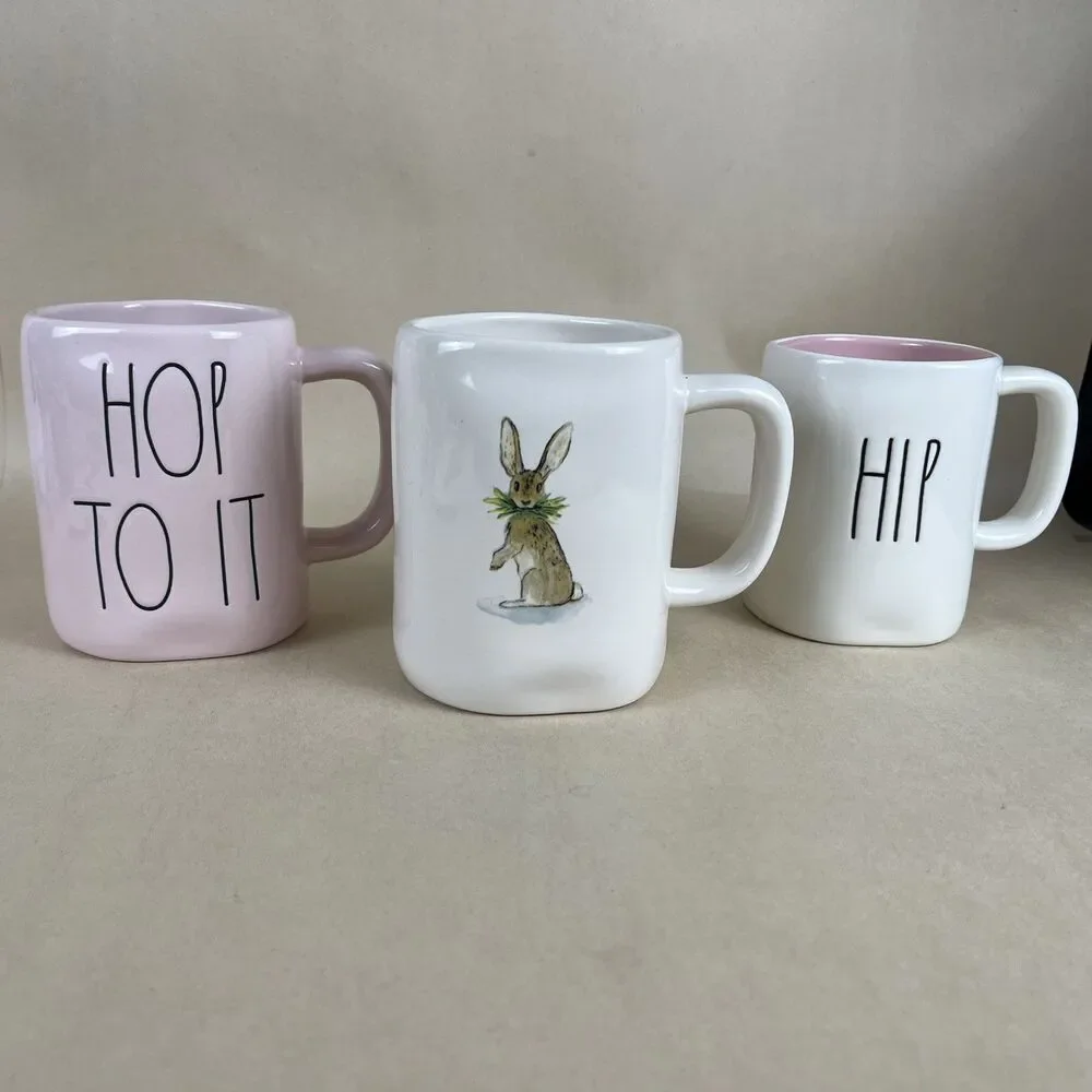 3 RAE DUNN Artisan‎ By Magenta EASTER MUGS - BUNNY, “HOP TO IT”, “ HIP HOP”